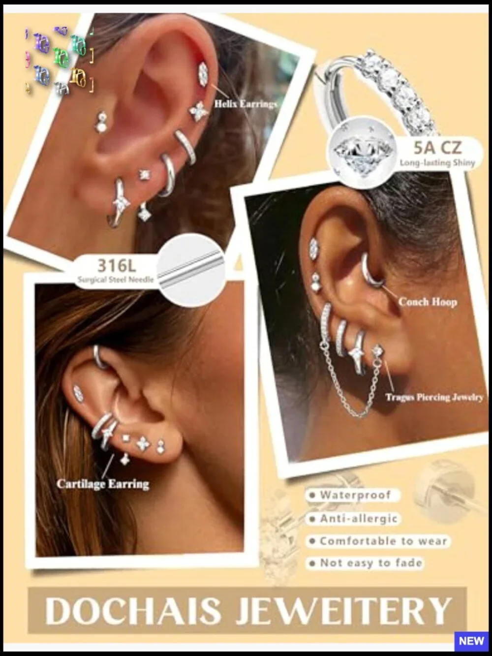 Hypoallergenic Flatback Stud Hoop 14K Gold Plated Earring Set Surgical Steel